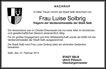 Traueranzeige von Luise Solbrig von Frankenpost