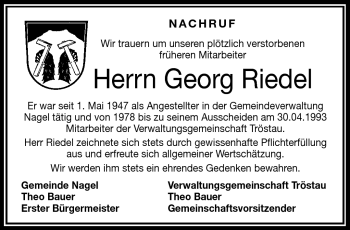 Traueranzeige von Georg Riedel von Frankenpost