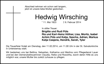 Traueranzeige von Hedwig Wirsching von Neue Presse Coburg
