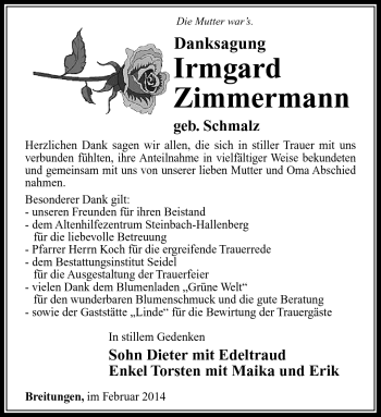 Traueranzeige von Irmgard Zimmermann von Südthüringer Presse