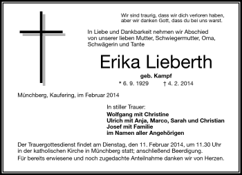 Traueranzeige von Erika Lieberth von Frankenpost