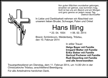 Traueranzeige von Hans Illing von Frankenpost