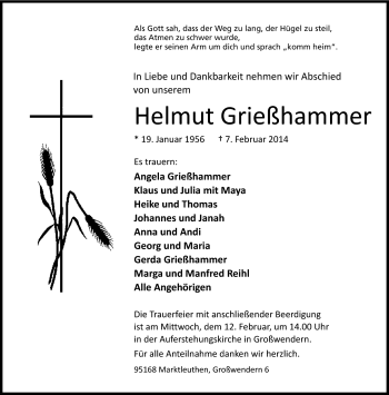 Traueranzeige von Helmut Grießhammer von Frankenpost