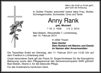 Traueranzeige von Anny Rank von Frankenpost