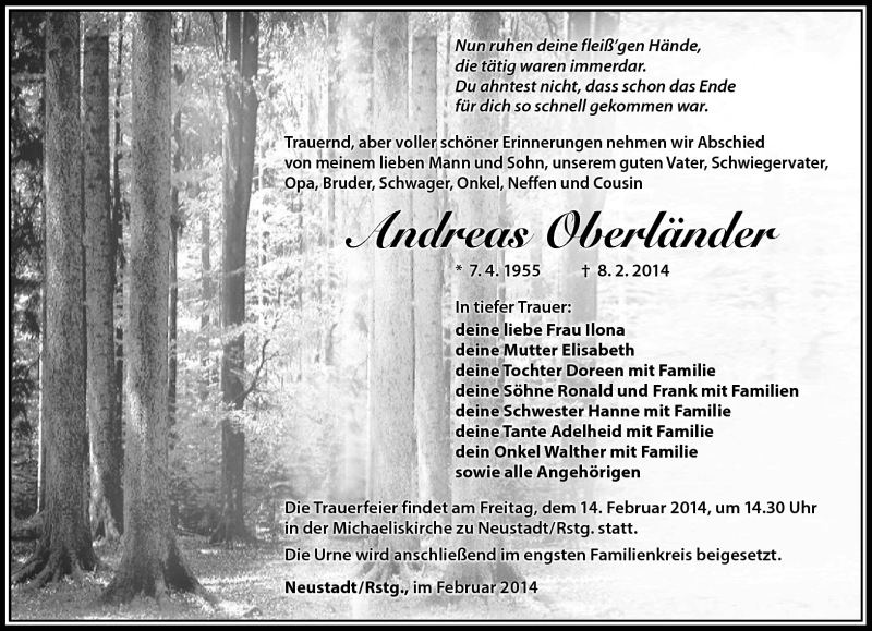  Traueranzeige für Andreas Oberländer vom 12.02.2014 aus Südthüringer Presse