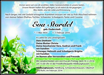 Traueranzeige von Eva Stordel von Südthüringer Presse