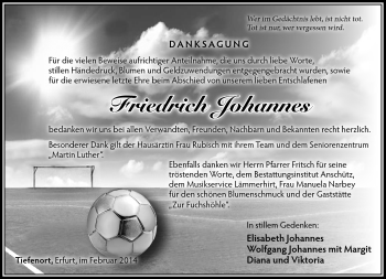 Traueranzeige von Friedrich Johannes von Südthüringer Presse