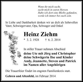 Traueranzeige von Heinz Ziehm von Südthüringer Presse