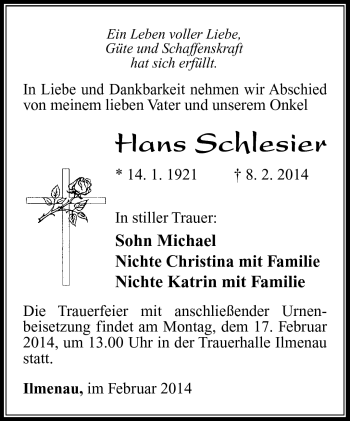 Traueranzeige von Hans Schlesier von Südthüringer Presse
