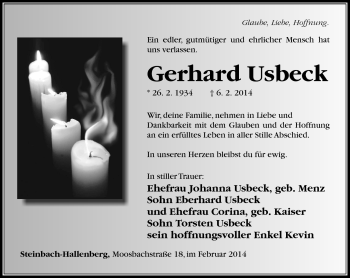 Traueranzeige von Gerhard Usbeck von Südthüringer Presse