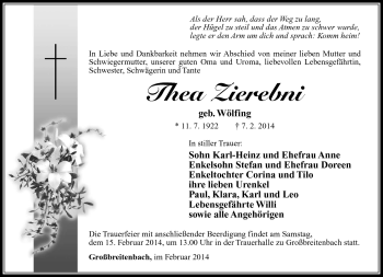 Traueranzeige von Thea Zierebni von Südthüringer Presse