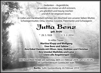 Traueranzeige von Jutta Benz von Südthüringer Presse