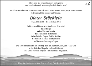 Traueranzeige von Dieter Stöcklein von Südthüringer Presse