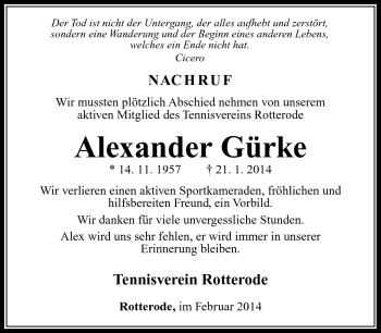 Traueranzeige von Alexander Gürke von Südthüringer Presse