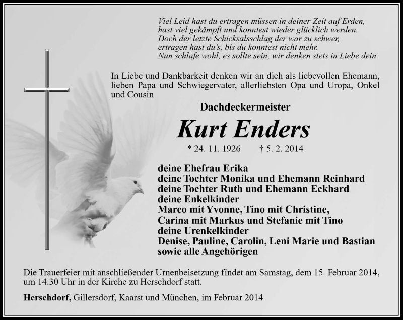  Traueranzeige für Kurt Enders vom 12.02.2014 aus Südthüringer Presse