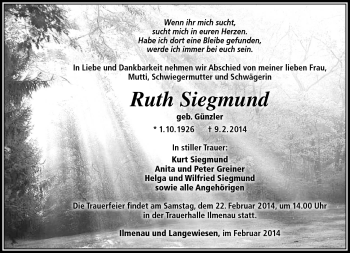 Traueranzeige von Ruth Siegmund von Südthüringer Presse
