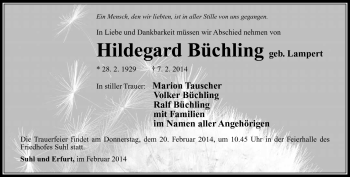 Traueranzeige von Hildegard Büchling von Südthüringer Presse