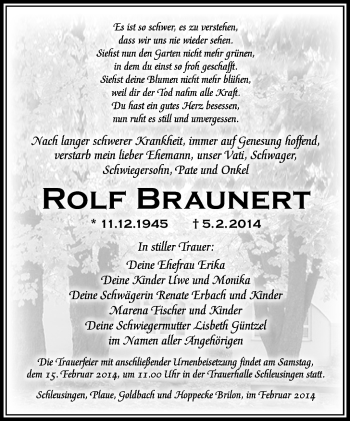 Traueranzeige von Rolf Braunert von Südthüringer Presse