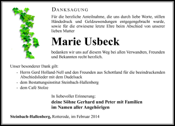 Traueranzeige von Marie Usbeck von Südthüringer Presse