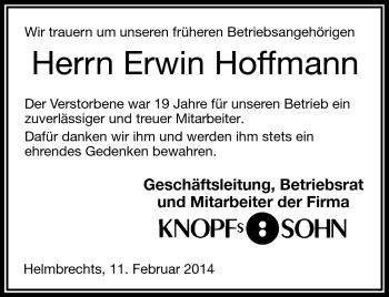 Traueranzeige von Erwin Hoffmann von Frankenpost
