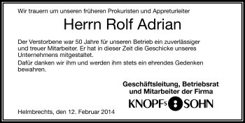 Traueranzeige von Rolf Adrian von Frankenpost