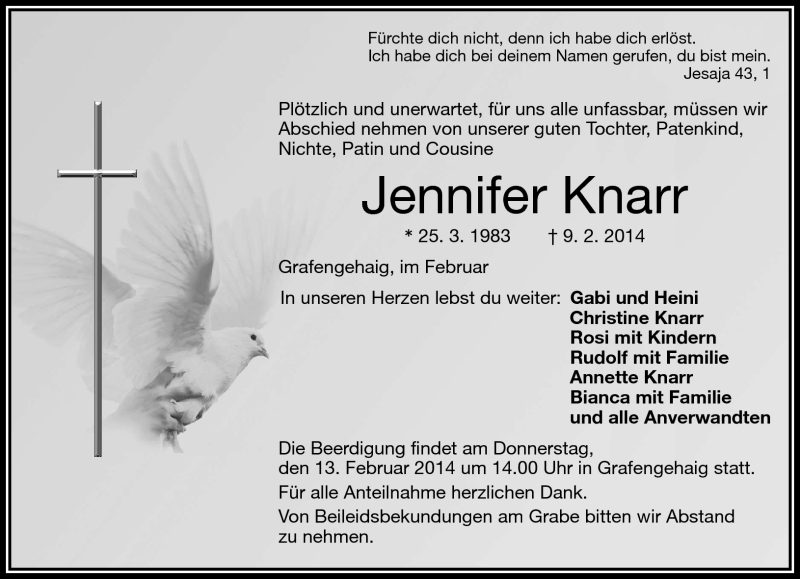  Traueranzeige für Jennifer Knarr vom 11.02.2014 aus Frankenpost