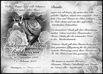 Traueranzeige von Hildegard Maria Rapkevicius von Südthüringer Presse