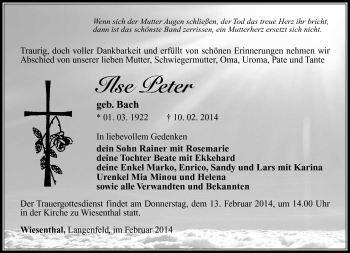 Traueranzeige von Ilse Peter von Südthüringer Presse