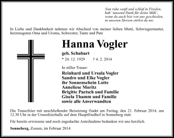 Traueranzeige von Hanna Vogler von Südthüringer Presse