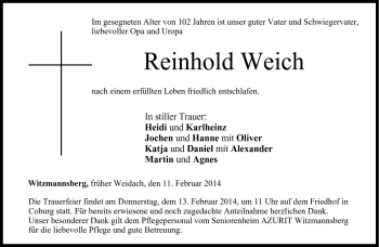 Traueranzeige von Reinhold Weich von Neue Presse Coburg