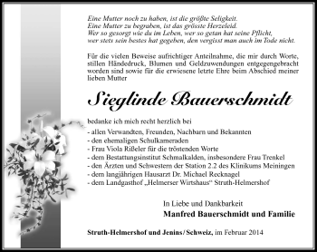 Traueranzeige von Sieglinde Bauerschmidt von Südthüringer Presse