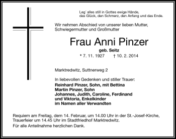 Traueranzeige von Anni Pinzer von Frankenpost