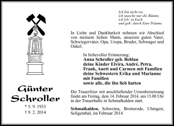 Traueranzeige von Günter Schroller von Südthüringer Presse
