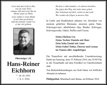 Traueranzeige von Hans-Reiner Eichhorn von Südthüringer Presse
