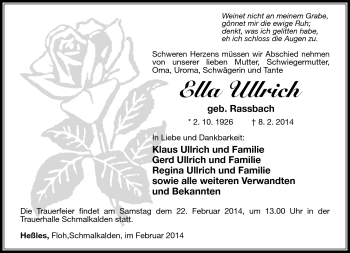 Traueranzeige von Ella Ullrich von Südthüringer Presse