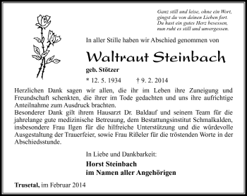 Traueranzeige von Waltraud Steinbach von Südthüringer Presse