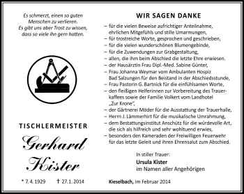 Traueranzeige von Gerhard Kister von Südthüringer Presse