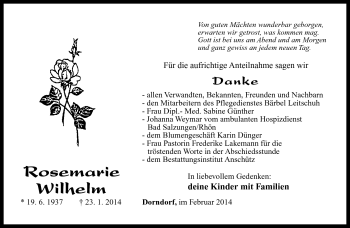 Traueranzeige von Rosemarie Wilhelm von Südthüringer Presse