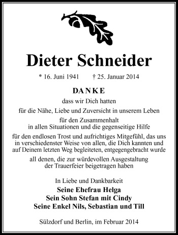 Traueranzeige von Dieter Schneider von Südthüringer Presse