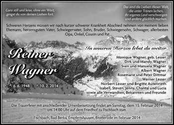 Traueranzeige von Reiner Wagner von Südthüringer Presse