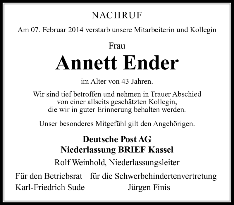  Traueranzeige für Annett Ender vom 12.02.2014 aus Südthüringer Presse