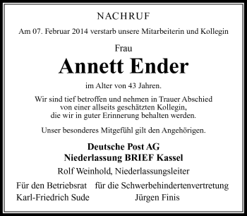 Traueranzeige von Annett Ender von Südthüringer Presse