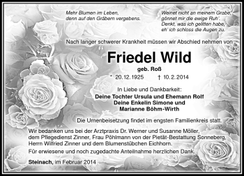 Traueranzeige von Friedel Wild von Südthüringer Presse