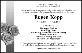 Traueranzeige von Eugen Kopp von Südthüringer Presse