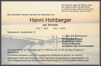 Traueranzeige von Hanni Hohberger von 23318