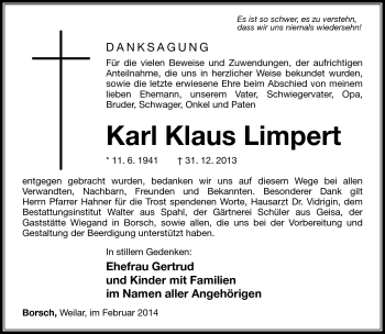 Traueranzeige von Karl Klaus Limpert von Südthüringer Presse