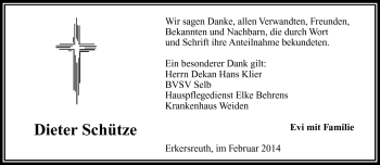 Traueranzeige von Dieter Schütze von Frankenpost