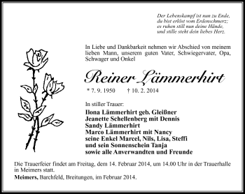 Traueranzeige von Reiner Lämmerhirt von Südthüringer Presse