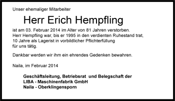 Traueranzeige von Erich Hempfling von 23318