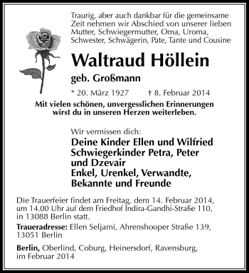 Traueranzeige von Waltraud Höllein von Südthüringer Presse